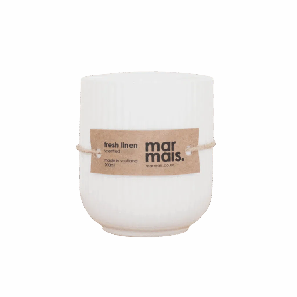 Fresh Linen ceramic white ribbed candle made with natural rapeseed and coconut wax in reusable jar