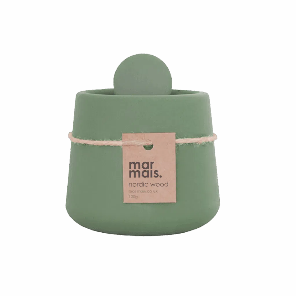 Marmais Nordic Wood natural wax candle in an forest green handmade pot with kraft label