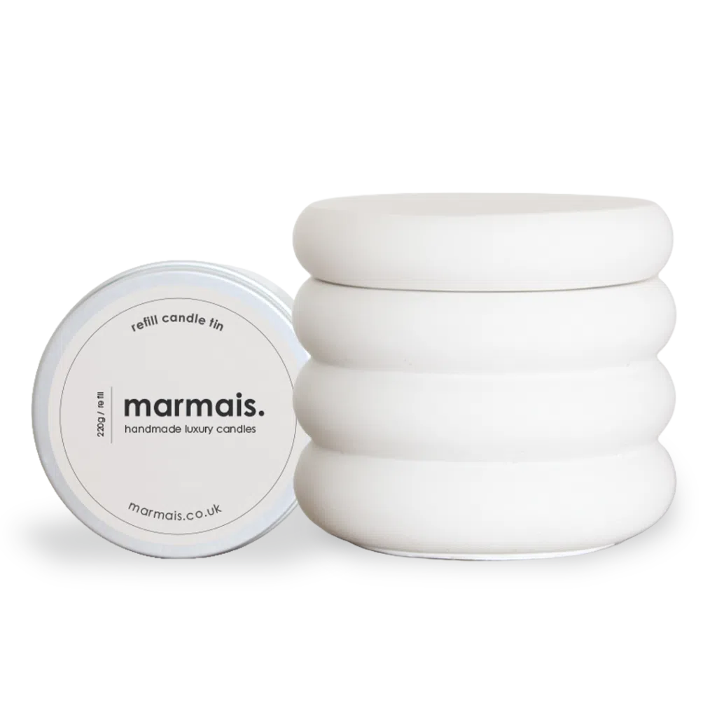 Luxury handmade ribbed refillable candle vessel with Fresh Linen candle refill tin by Marmais