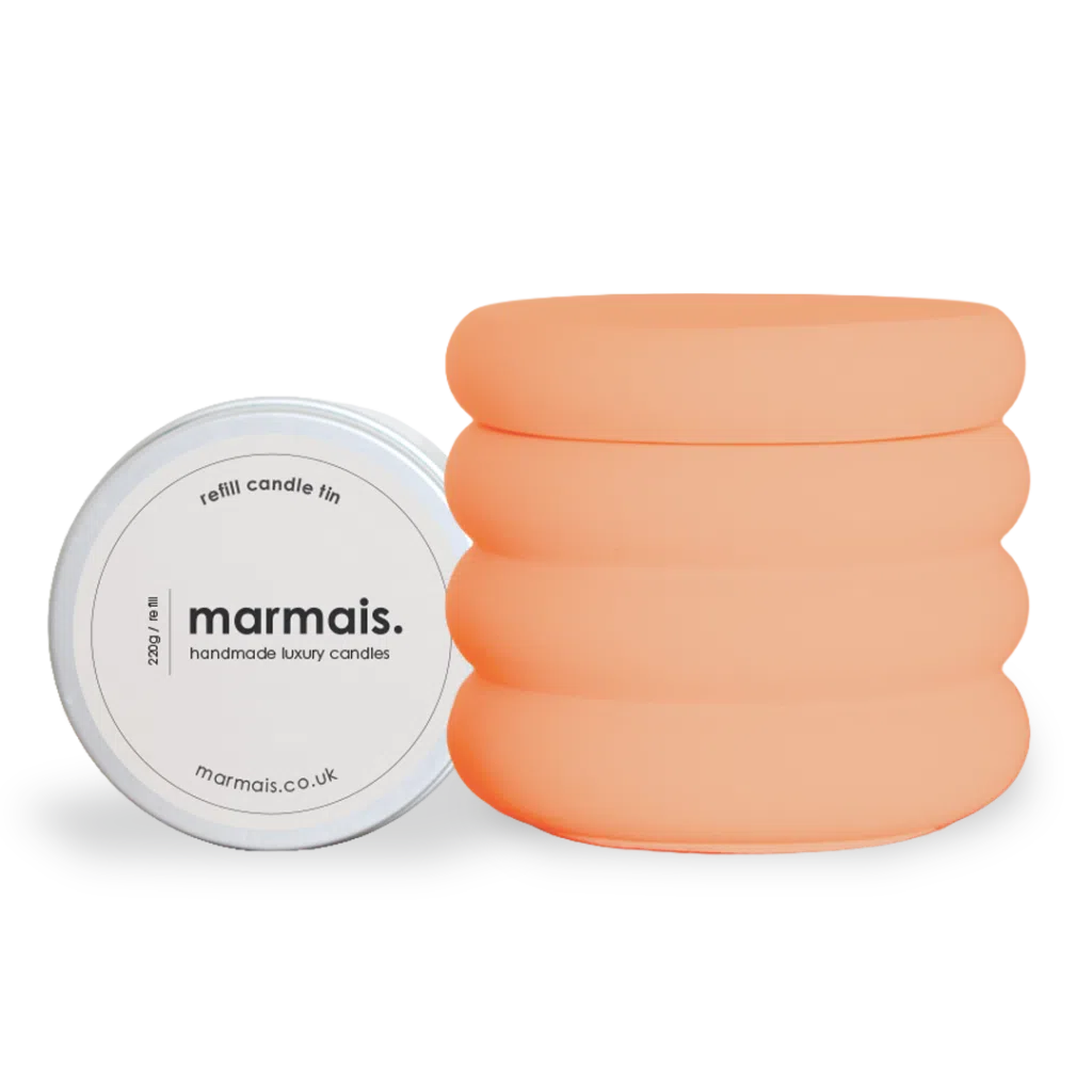 Grapefruit scented luxury candle refill tin by Marmais, handmade rapeseed and coconut candle with fresh citrus aroma