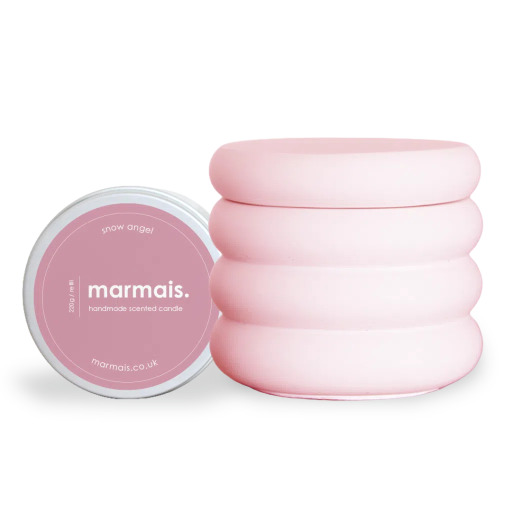 Snow Angel scented candle in a pink handmade ribbed vessel with matching refill tin by Marmais